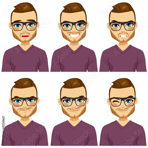 Attractive brown haired young hipster man with glasses on six different face expressions collection