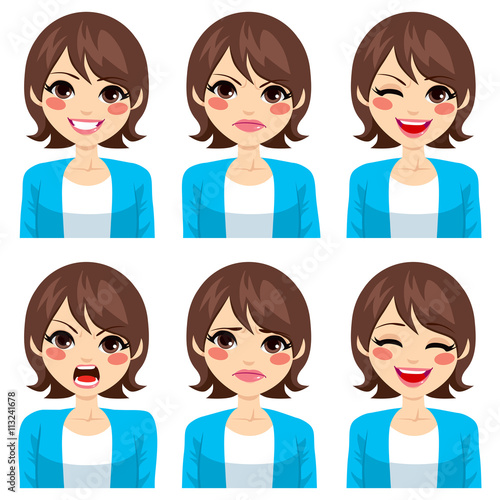 Attractive young brunette woman on six different face expressions set