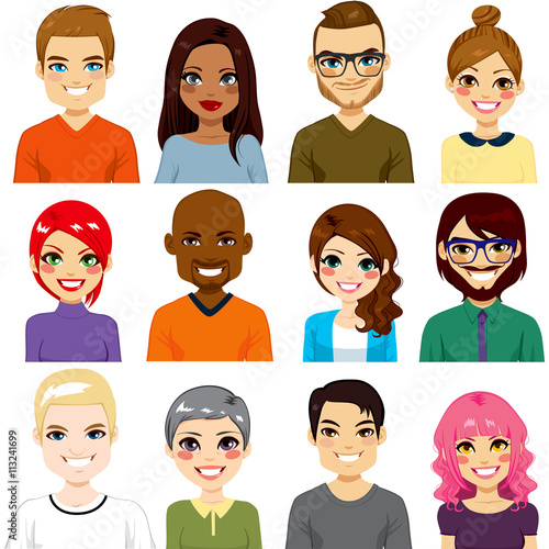 Collection of twelve different people avatar portraits from diverse ethnicity and age