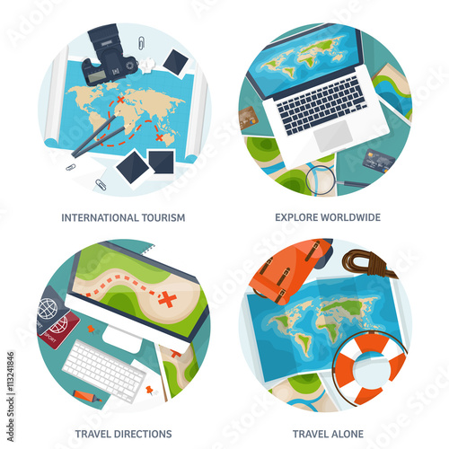 Travel and tourism. Flat style. World, earth map. Globe. Trip, tour,journey,summer holidays. Travelling, exploring worldwide. Adventure,expedition. Table,workplace. Traveler. Navigation or route