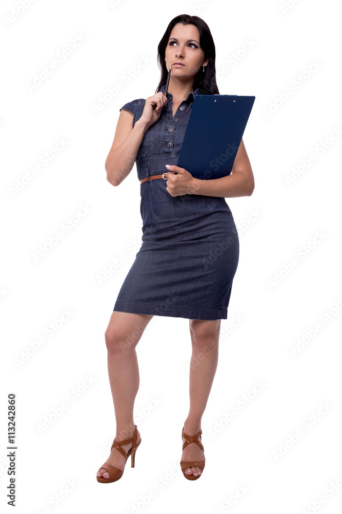 Full body portrait of business woman thinks in dress with clipboard and pen, isolated on white Full body portrait of business woman thinks in dress with clipboard and pen, isolated on white