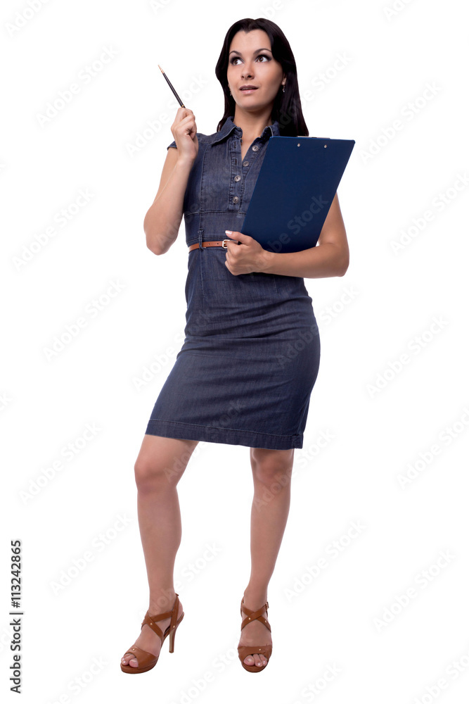 Full body portrait of business woman had the idea in dress with clipboard and pen, isolated on white Full body portrait of business woman had the idea in dress with clipboard and pen, isolated on white
