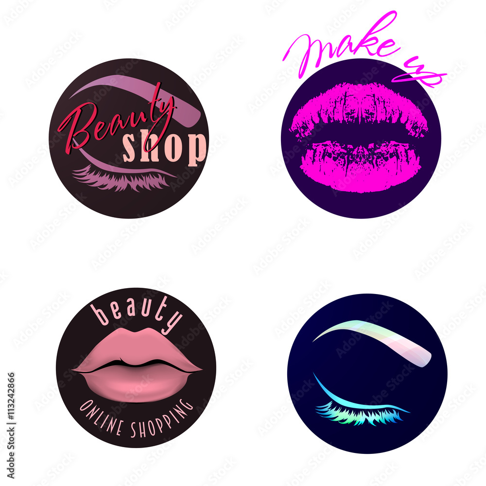 Makeup artist logo set. Beauty store logo with eyelash. Colorful