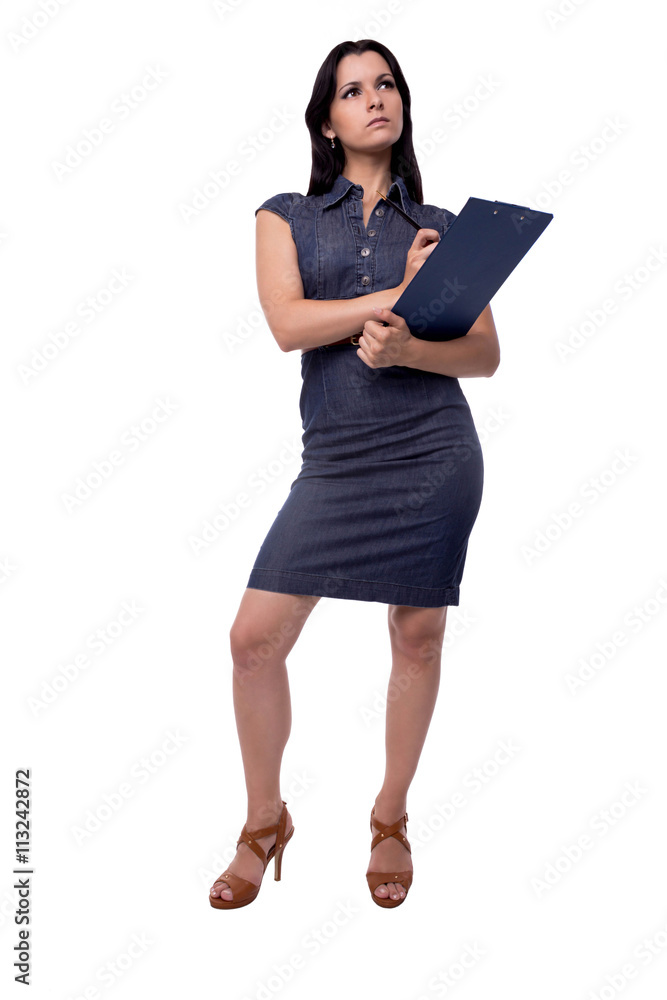 Full body portrait of business woman thinks in dress with clipboard and pen, isolated on white Full body portrait of business woman thinks in dress with clipboard and pen, isolated on white