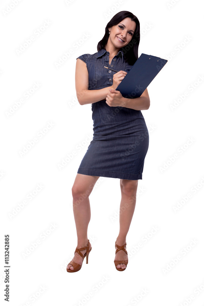 Full body portrait of smiling business woman in dress writes with clipboard and pen, isolated on white Full body portrait of smiling business woman in dress writes with clipboard and pen, isolated on white