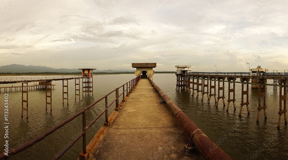 The long bridge on reservoir ,Chonburi Thailand.
