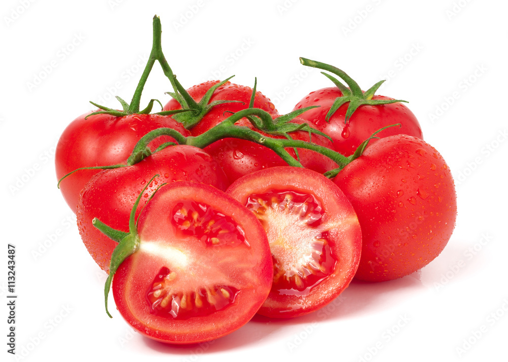 tomatoes branch and half with water droplets isolated white background tomatoes branch and half with water droplets isolated white background