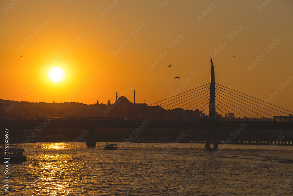 Sunset view in Eminonu district, one of the most popular and touristic areas of Istanbul
