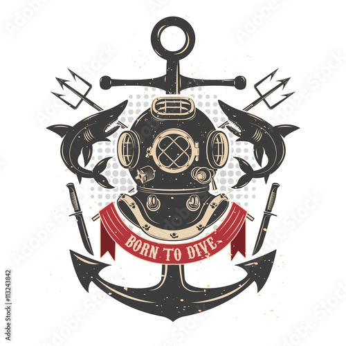 Vintage diving helmet with sharks and tridents. Divers club embl