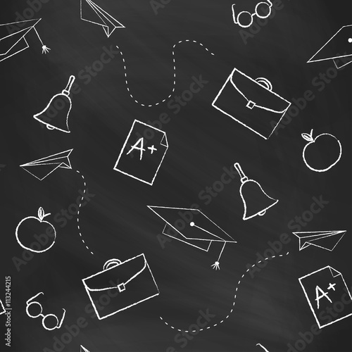 Seamless pattern back to school. Vector black blackboard written with white chalk cap, hat, bag, apple, Paper Airplane, rating A. School background for design covers notebooks and textbooks