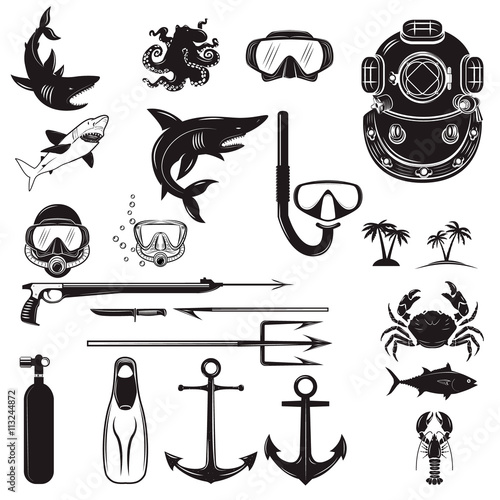 Diver design elements. Diver weapon, diver helmet, equipment for