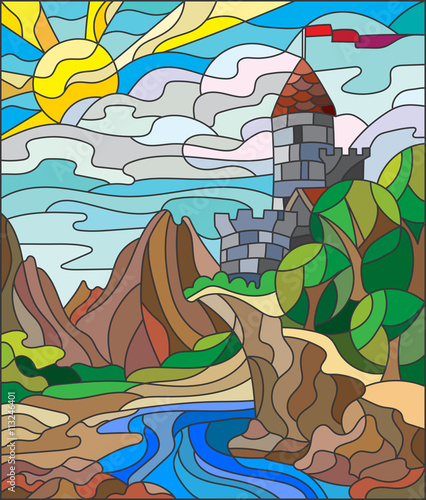 Illustration in stained glass style landscape with old castle on the background of sky, sun, river and mountains