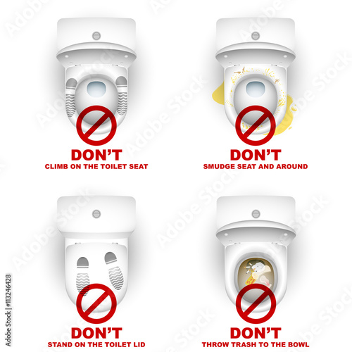 Set of toilet bowls with warning symbols and inscriptions for the rules of use; Do not climb, stand, smudge, throw; Eps10