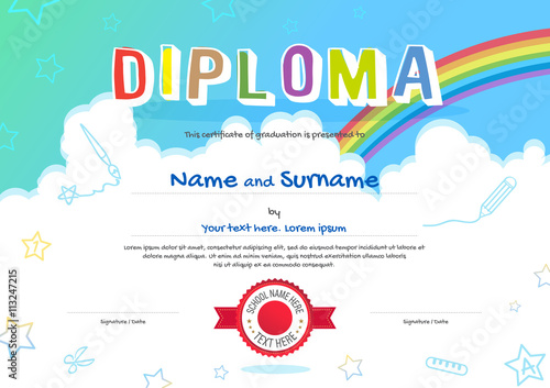 Colorful kids diploma certificate in cartoon style with sky and rainbow