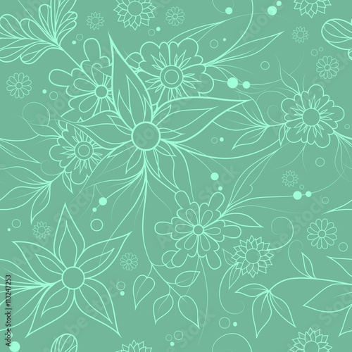 Green seamless floral repeating pattern for textile or wallpaper.