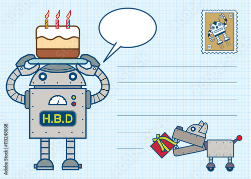 robot happy birthday postcard vector graphic