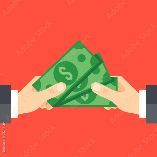 Hand giving cash and hand receiving cash. Funding, bribe, donation, payday concepts. Modern flat design vector illustration