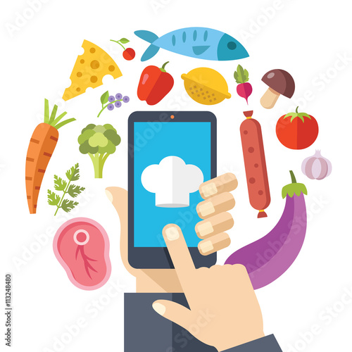 Hand holding smartphone with online recipes app on screen. Food icons set. Cooking at home concept. Flat design vector illustration