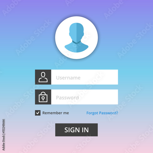 Vector login form template. User login form with username and password fields, man and lock icons, remember me, forgot password text, sign in button, user avatar icon. Flat design vector illustration
