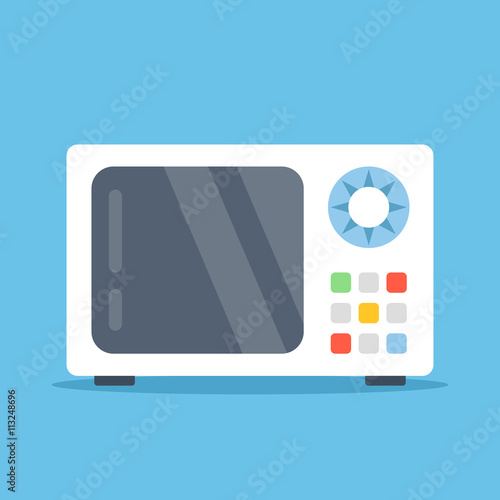 Vector microwave oven. White microwave isolated on blue background. Flat design vector illustration