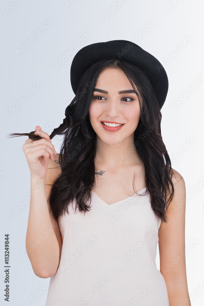 Beautiful stylish woman with black hair and brown eyes Stock Photo | Adobe  Stock