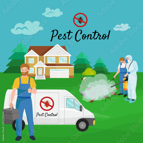 Pest control concept with insects exterminator silhouette flat vector illustration