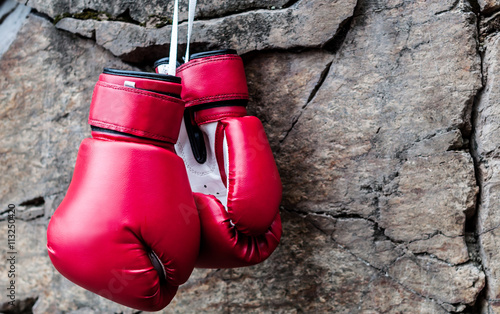 boxing gloves are suspended on a rock © Yalana