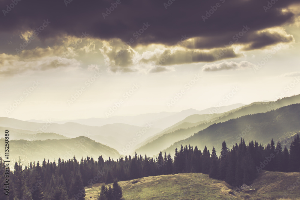 Obraz premium Landscape of misty mountain hills. 