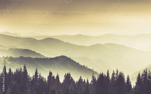Fototapeta Naklejka Na Ścianę i Meble -  Landscape of misty mountain hills. 