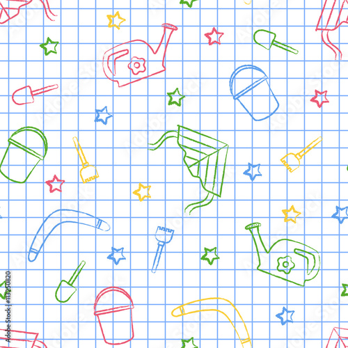 Seamless pattern back to school. Vector White sheet blue squared writing ink. Hand-drawn style. Seamless vector wallpaper with the image of kite flying, head, boomerang, star, bucket, shovel, rake