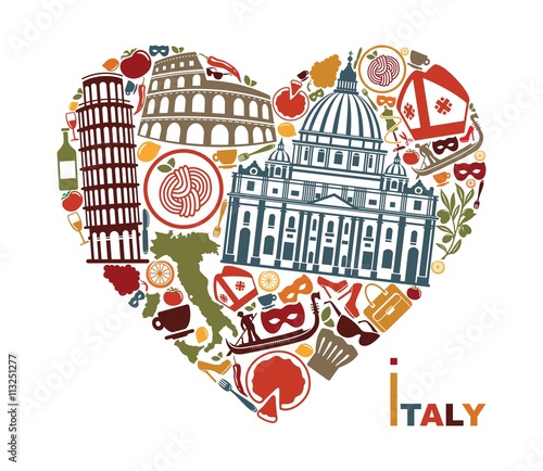 Traditional symbols of Italy in the form of heart
