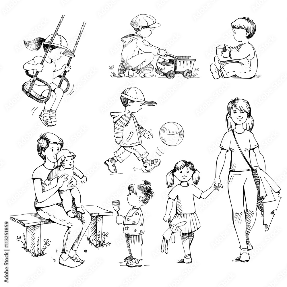 Set sketches: kids, children. Drawing by hand. Vintage style Stock Vector