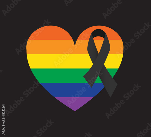 Orlando tragedy mass shooting. Pray for the victims. Rainbow heart with black ribbon vector.