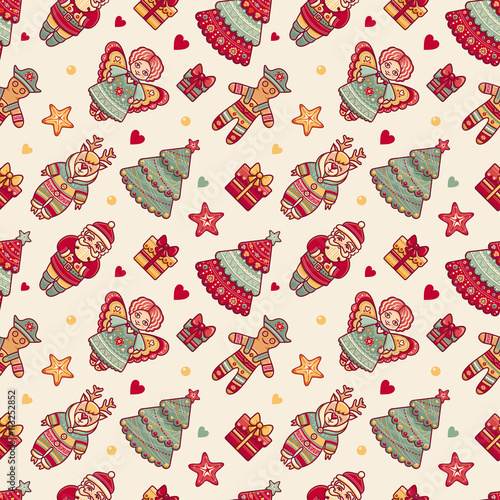 Seamless pattern. Merry Christmas toy. Deer. Gift box. Ball. Christmas tree. Christmas hand drawn design elements. Best for greeting cards,  invitations, wrapping paper. 