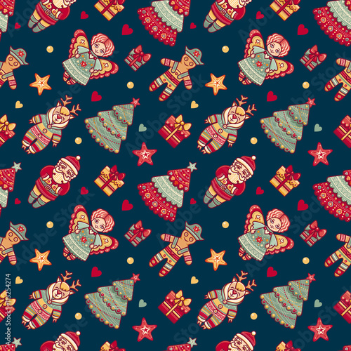 Seamless pattern. Merry Christmas toy. Deer. Gift box. Ball. Christmas tree. Christmas hand drawn design elements. Best for greeting cards,  invitations, wrapping paper. 