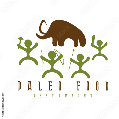 paleo food vector illustration with mammoth and cavemans