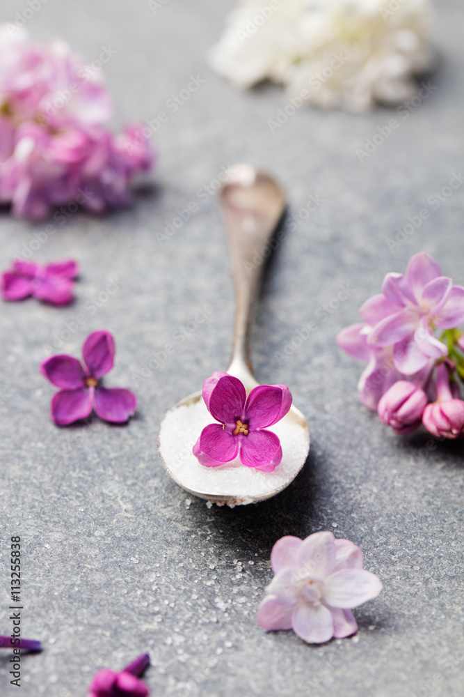 Lilac flowers sugar with flower blossoms in glass jar Grey stone background