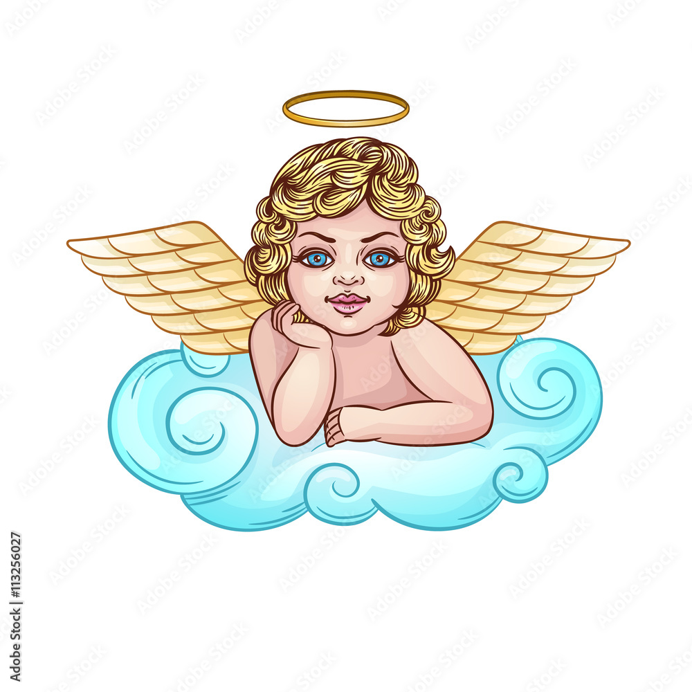 Baby angel vector cartoon character. Cupid lying on a cloud isolated  illustration Stock Illustration | Adobe Stock