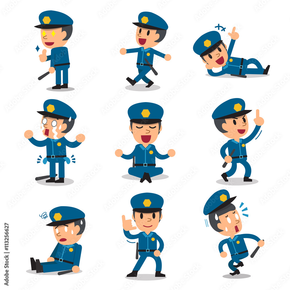 Cartoon policeman character poses