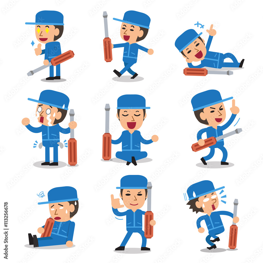 Cartoon technician character pose set