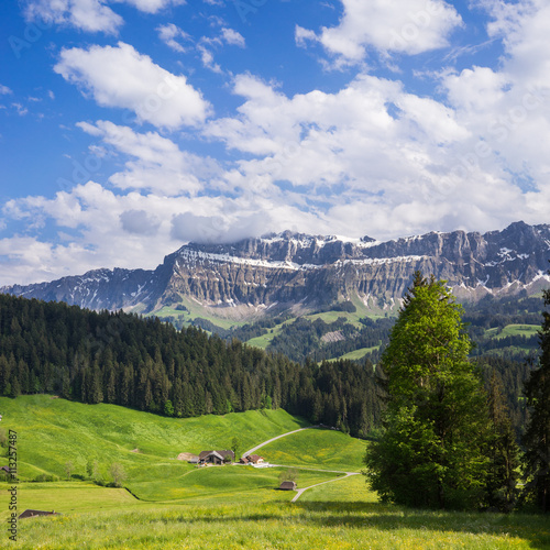 Late spring rural landscape in the Emmental region with the Hohgant mountain range in the background. Schangnau, Emmental, Canton of Bern, Switzerland