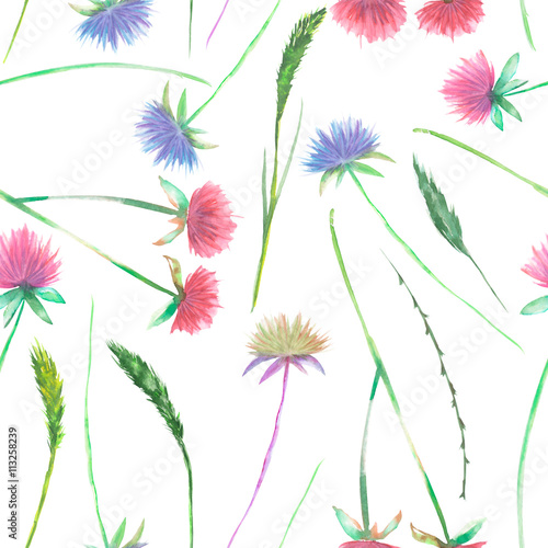 Seamless floral pattern with clover flower and grass  painted in watercolor on a white background