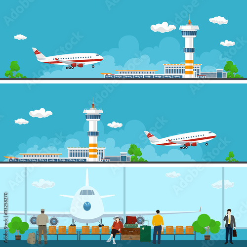 Airport Horizontal Banners, Arrivals at Airport, Departures from Airport, People with Luggage in the Waiting Room, Travel Concept, Flat Design, Vector Illustration