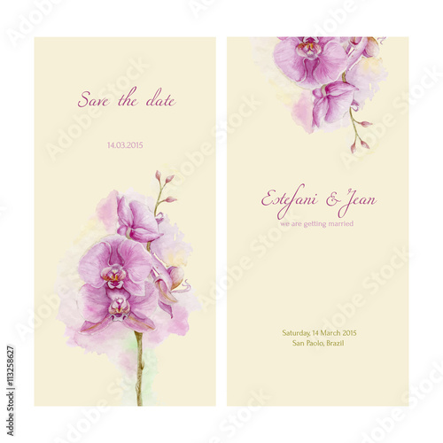 Save the date. Love card with orchid on yellow background.