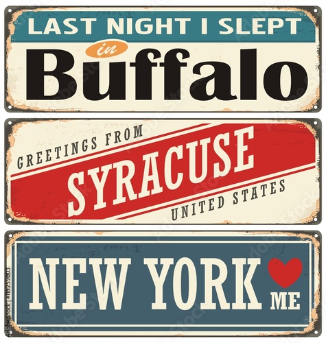 Retro tin sign collection with USA city names