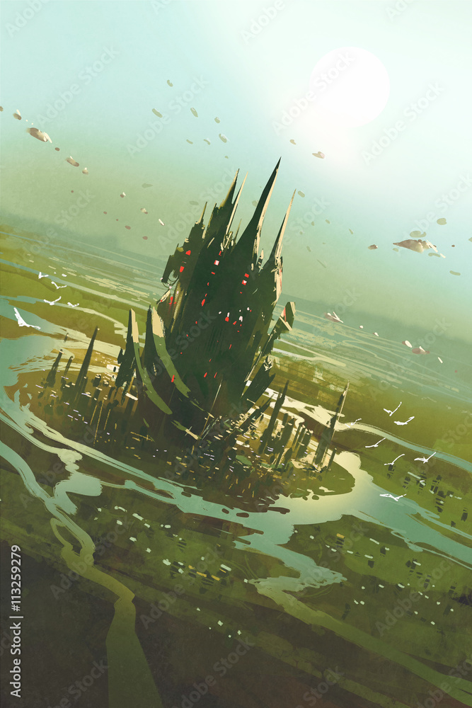 Obraz premium aerial view of a futuristic city,sci fi scenery,illustration painting