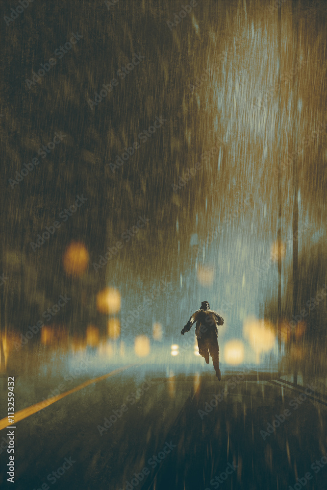 Obraz premium man running in heavy rainy night,illustration