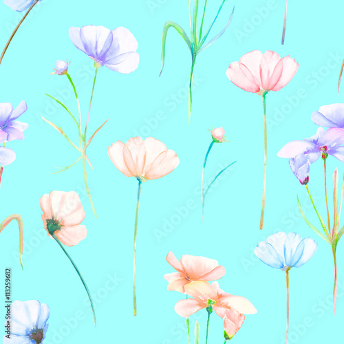 A seamless floral pattern with watercolor hand-drawn tender pink and purple cosmos flowers, painted on a turquoise background © nastyasklyarova