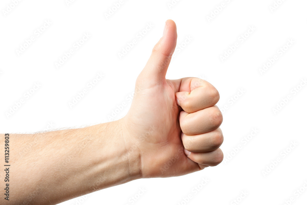 Man hand sign isolated on white background. finger raised upward