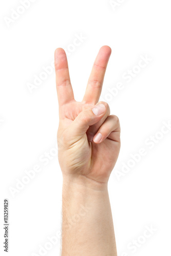Man hand sign isolated on white background. two fingers raised up lifted up. V